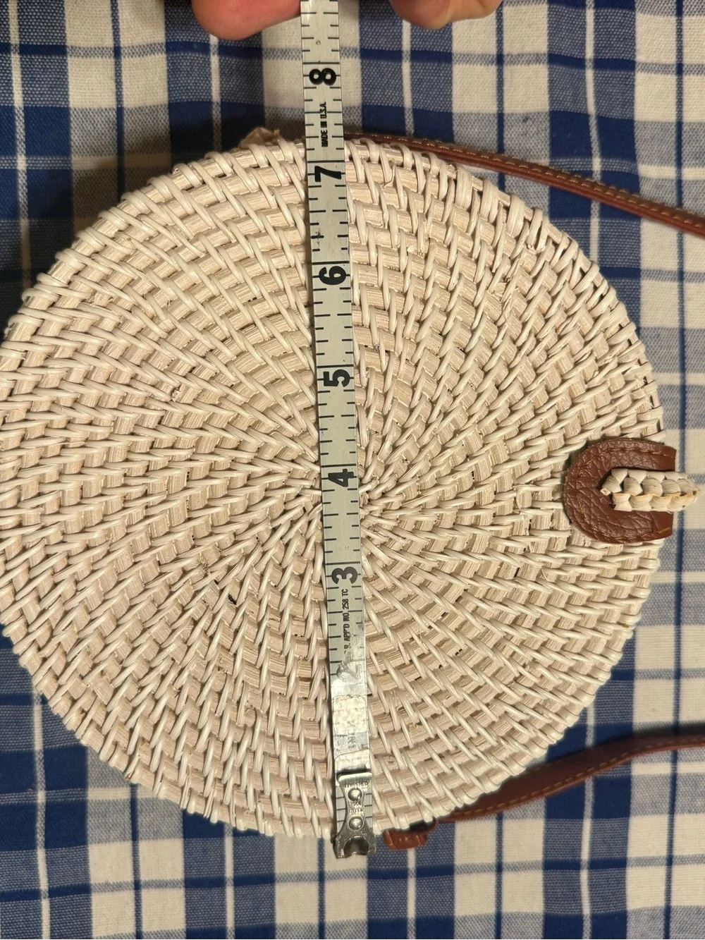 Woven Round Crossbody Bag - White with Brown Trim